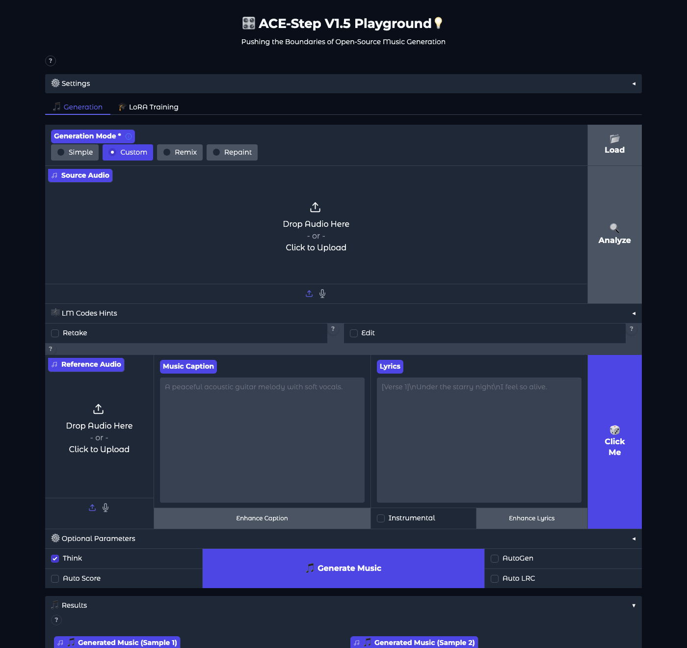 Główne okno ACE-Step 1.5 Playground: tryb Custom, pola Source Audio, Reference Audio, Music Caption, Lyrics i przycisk Generate Music