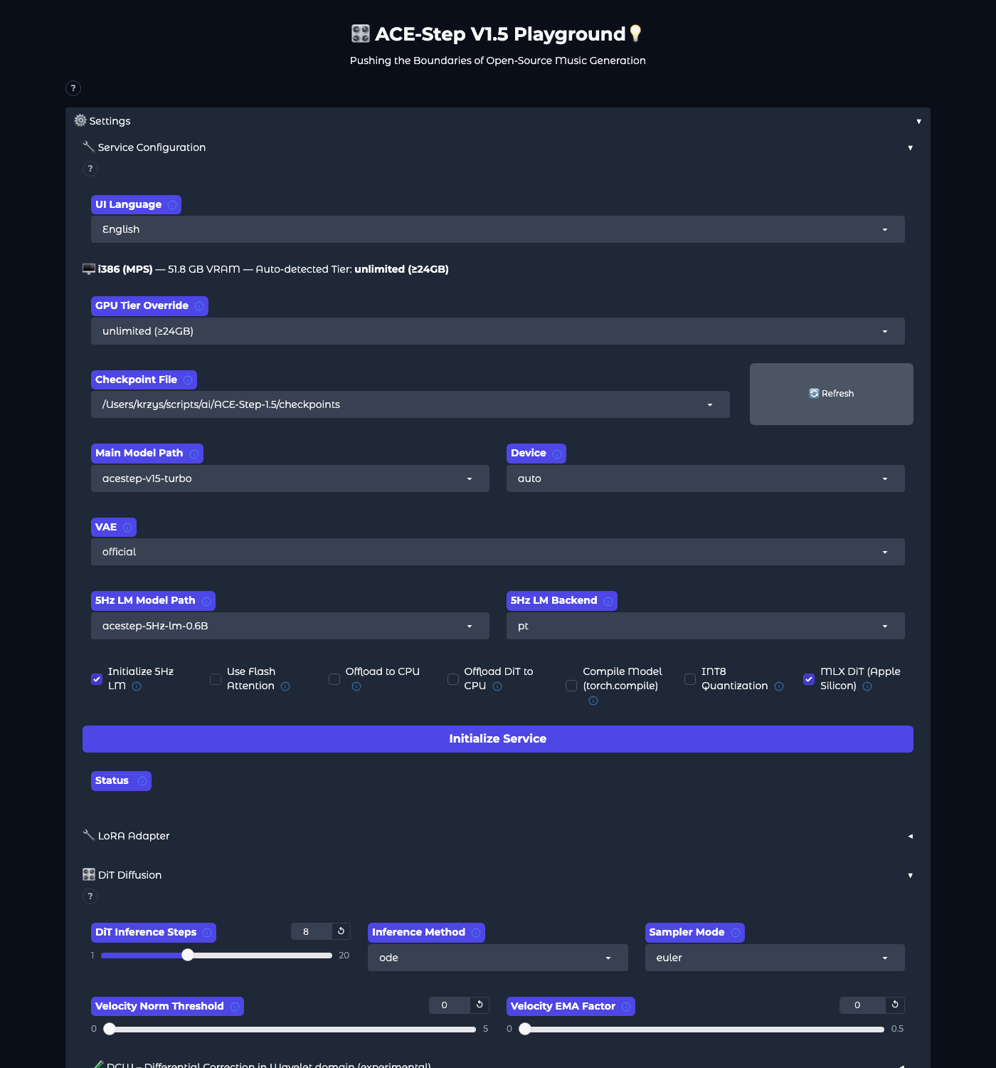 Sekcja Settings, Service Configuration: język interfejsu, wykryty sprzęt i poziom, ścieżka checkpointów, Main Model Path acestep-v15-turbo, Device auto, VAE, 5Hz LM Model Path, LM Backend, przełączniki i przycisk Initialize Service