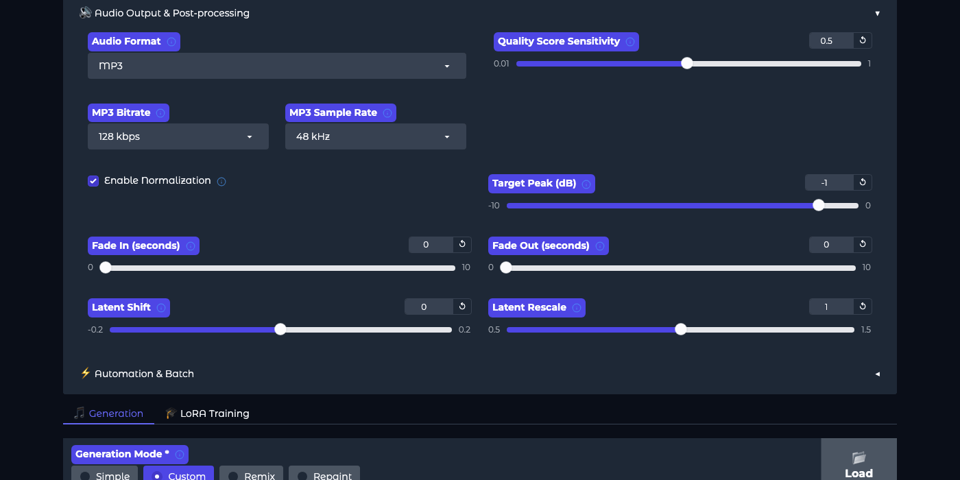 Sekcja Audio Output i Post-processing: format pliku, bitrate MP3, częstotliwość próbkowania, normalizacja, fade in i fade out