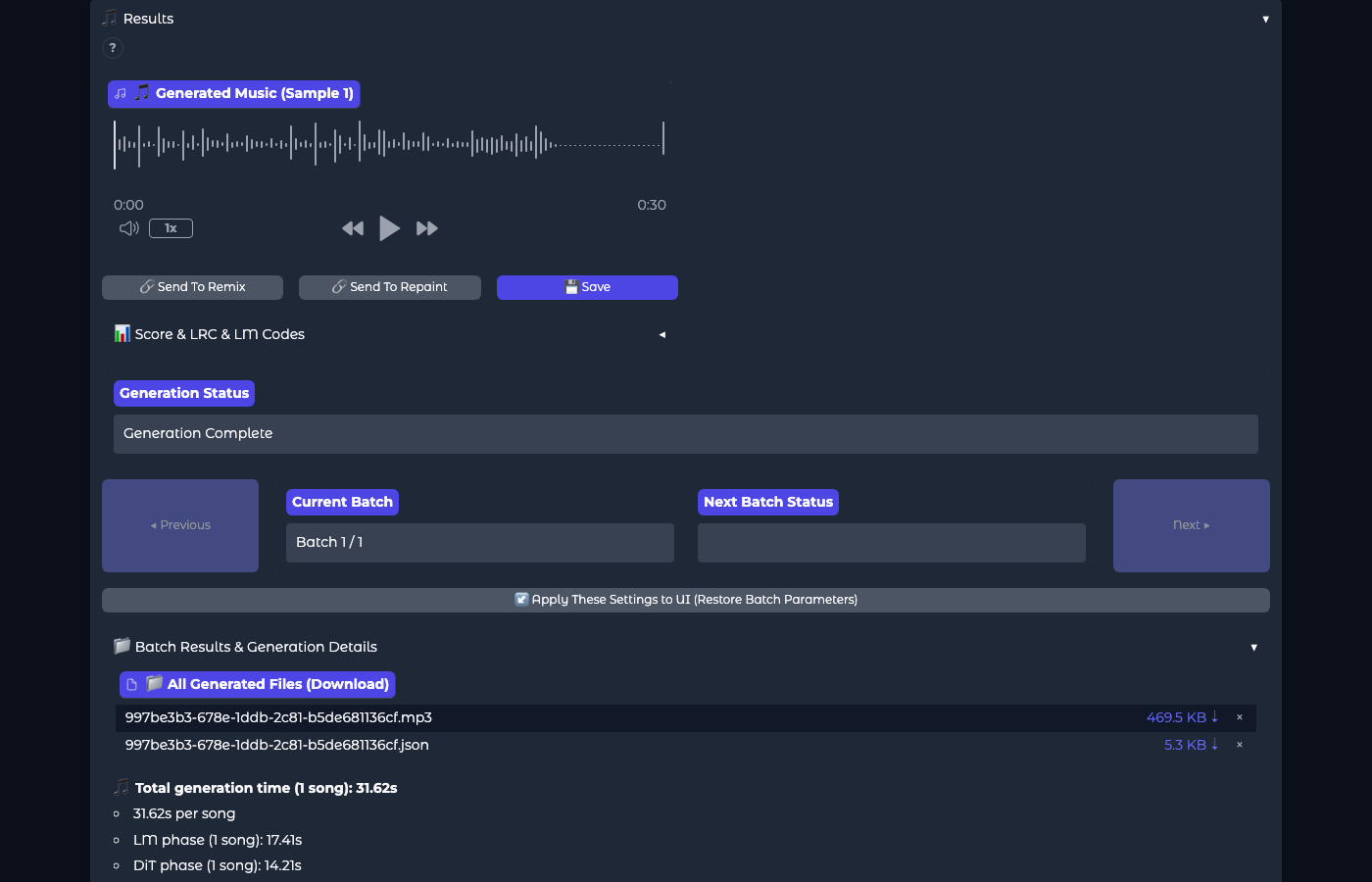 Sekcja Results po wygenerowaniu 30-sekundowego utworu: odtwarzacz z falą dźwiękową, przyciski Send To Remix, Send To Repaint, Save, lista plików MP3 i JSON, czasy generowania 31,62 s