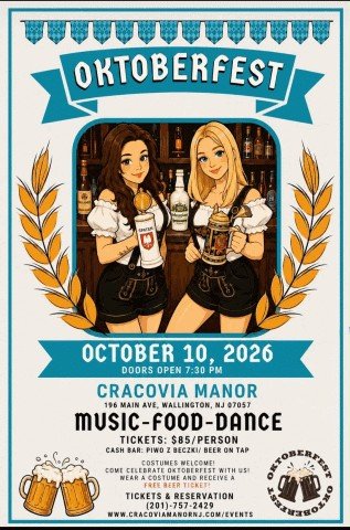 Invitation to Oktoberfest at Cracovia Manor: October 10, 2026, 7:30 pm, 196 Main Ave, Wallington NJ 07057
