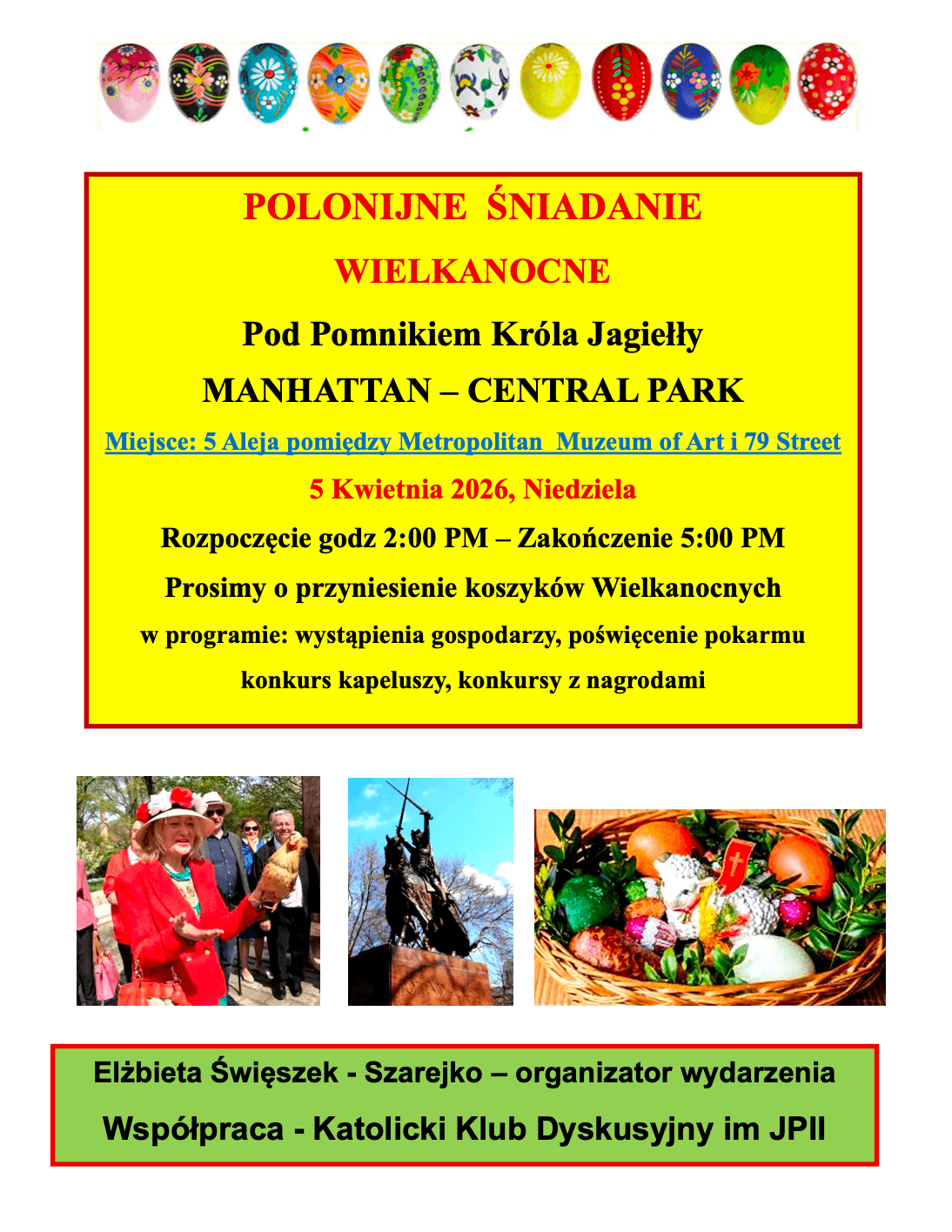 Zaproszenie na Spotkanie Wielkanocne w Central Parku 5 Kwietnia o g. 14.00