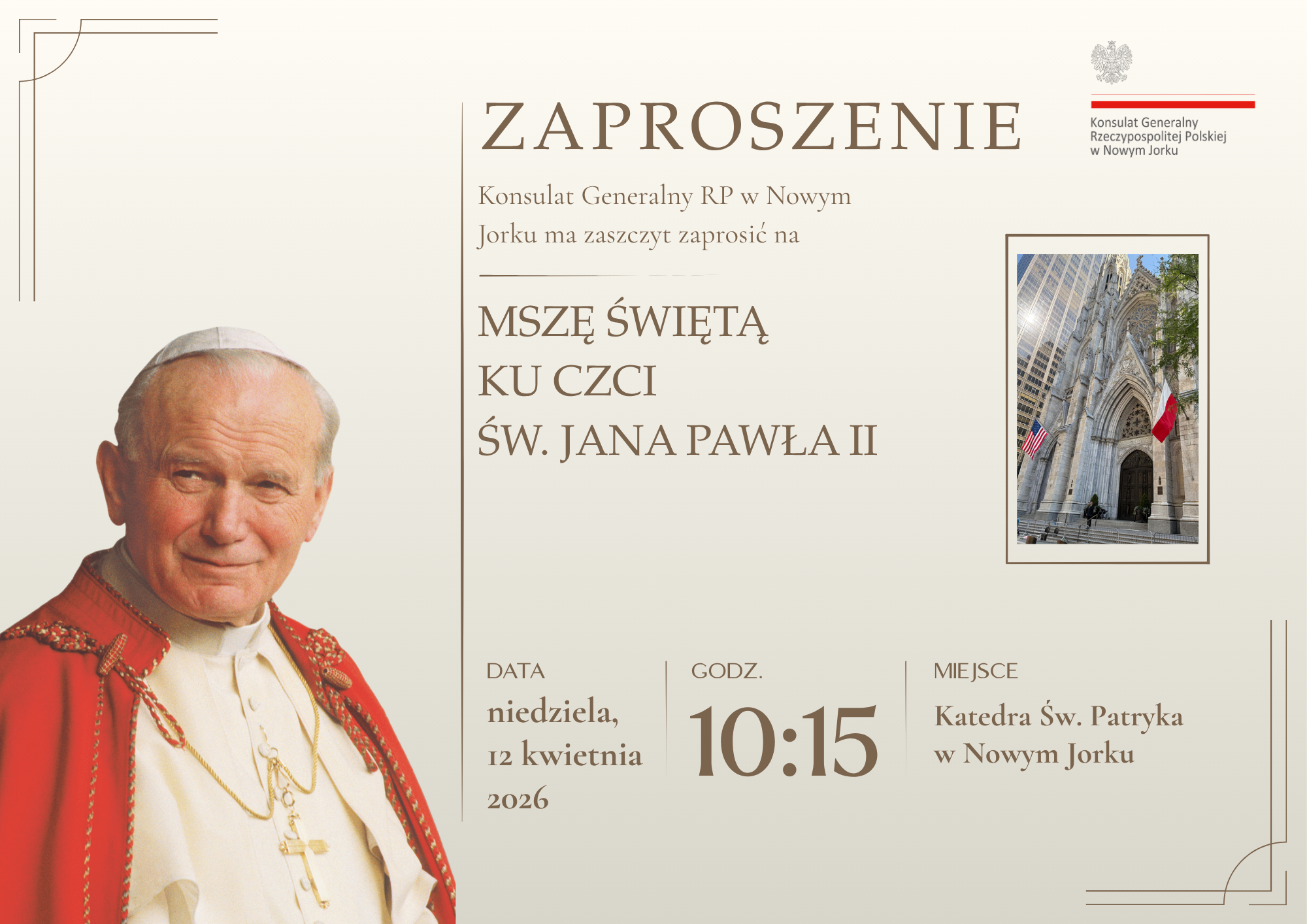 Zaproszenie na Mszę Świętą w Katedrze św. Patryka (12.04.2026) o godz. 10:15