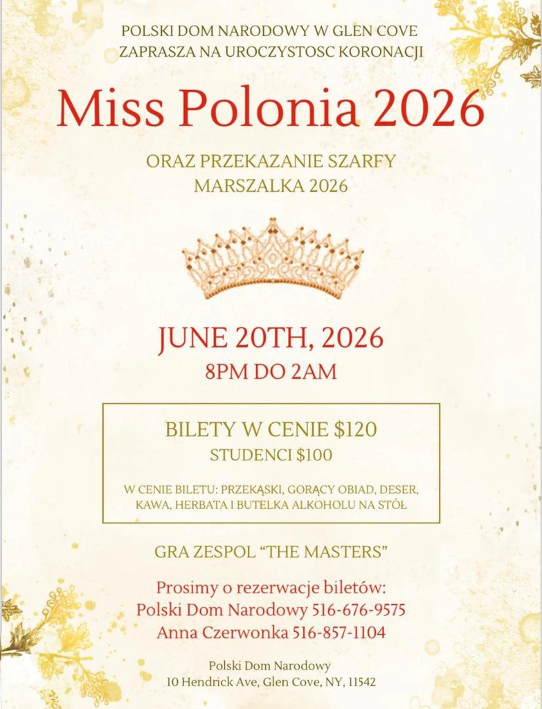 Polski Dom Narodowy w Glen Cove zaprasza na uroczystość koronacji Miss Polonia 2026