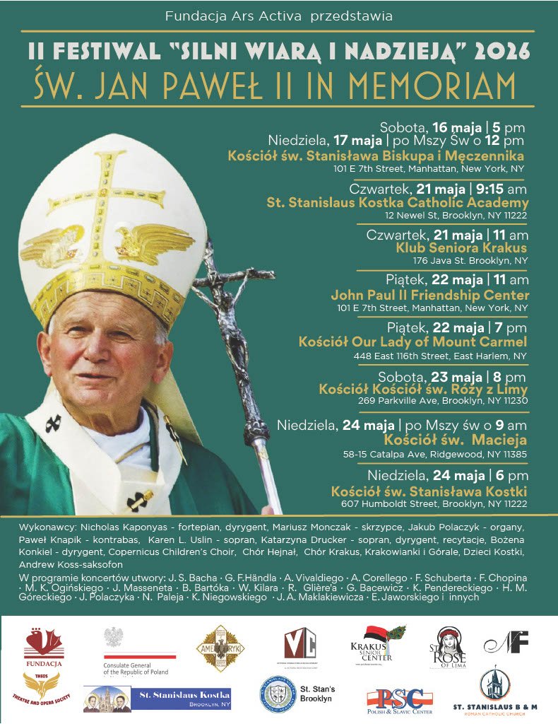 Festiwal „Silni wiarą i nadzieją – św. Jan Paweł II in Memoriam”, 16 Maja-24 Maja, godziny i lokalizacje na plakacie