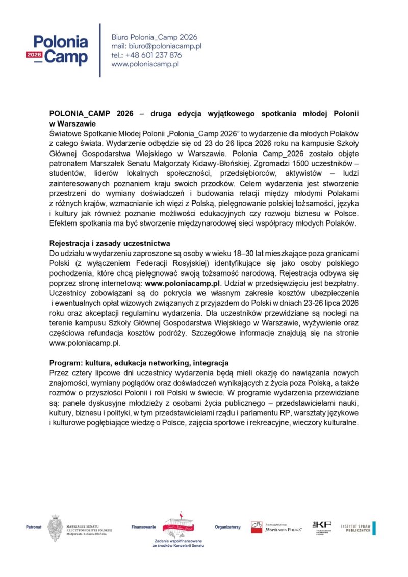 POLONIA_CAMP 2026- Druga edycja wyjątkowego spotkania młodej Polonii w Warszawie: 23-26 lipca